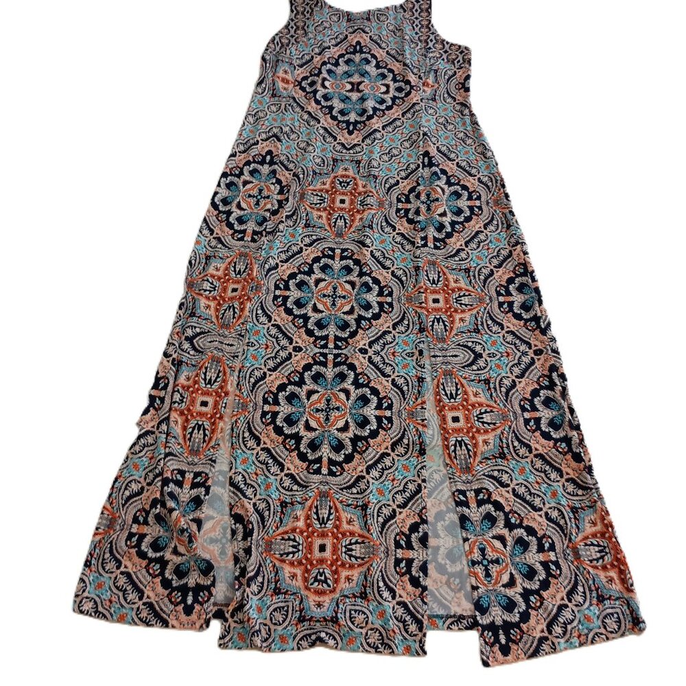 Joan Vass Sleeveless Boho Maxi Dress Blue Print Size Women's Large L NWT